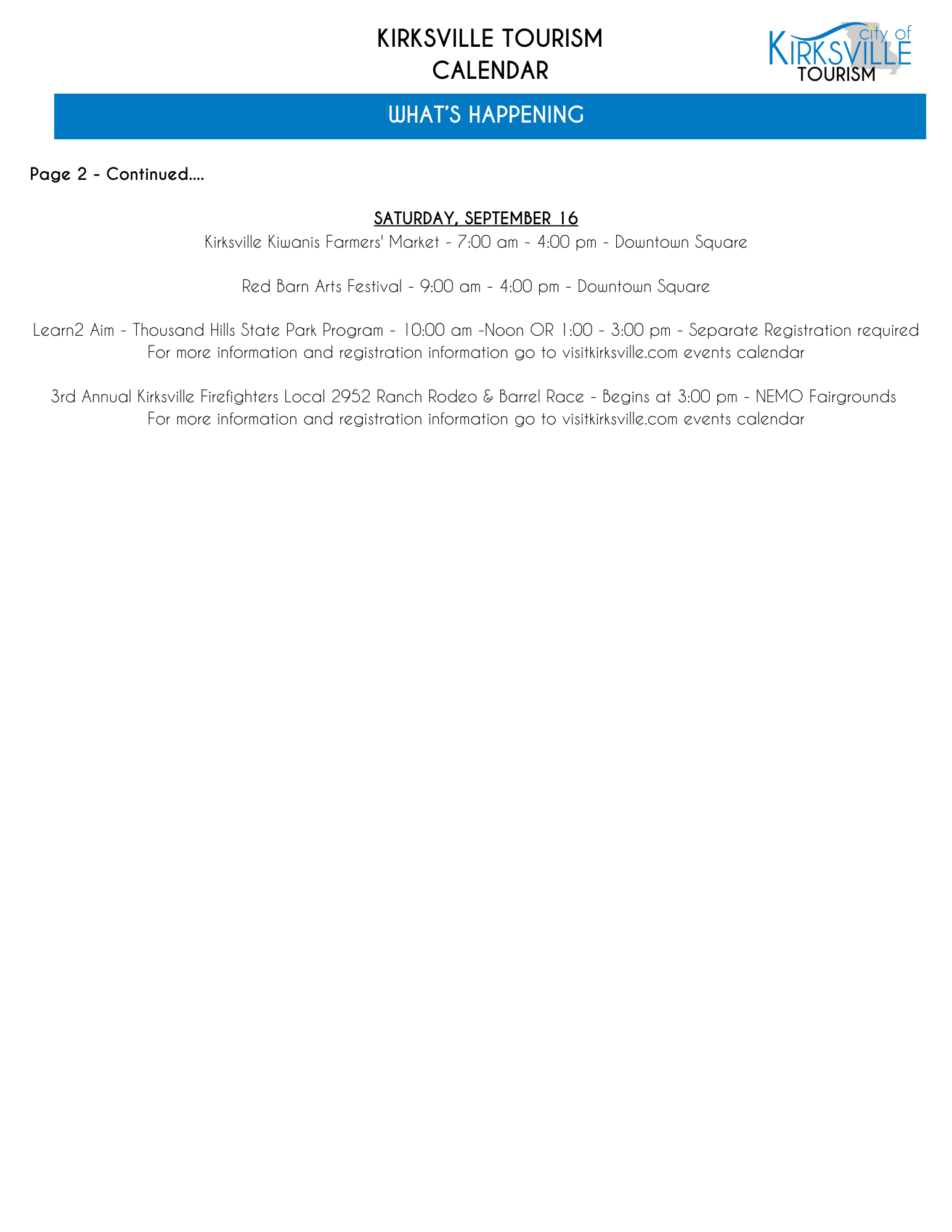 Tourism Weekly Calendar of Events Tourism Weekly Calendar of Events