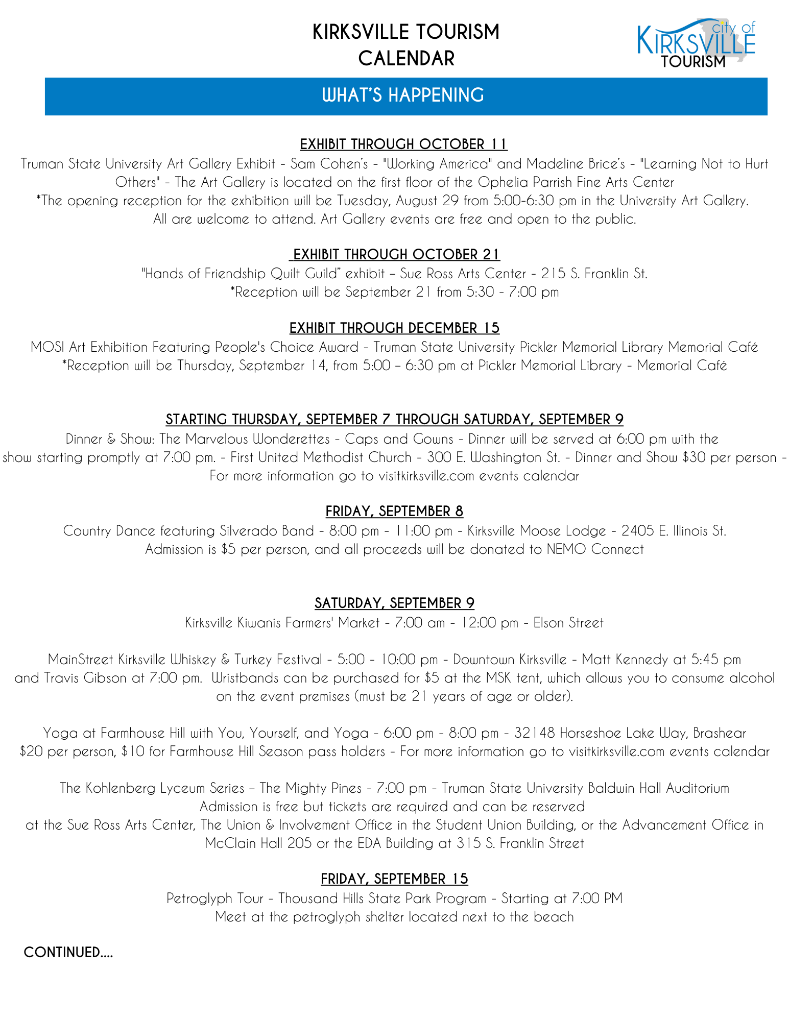Tourism Weekly Calendar of Events Tourism Weekly Calendar of Events