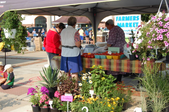 Photograph of shoppers at a floral booth at the farmers' market